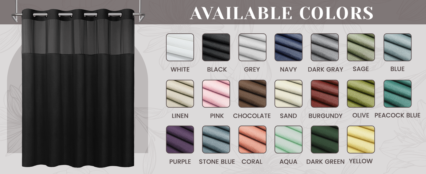No Hook Slub Textured Shower Curtain with Snap in Liner - Black Fabric Outer Curtain & Waterproof Inner Liner, Hotel Style with See Through Top Window, 71x74 in