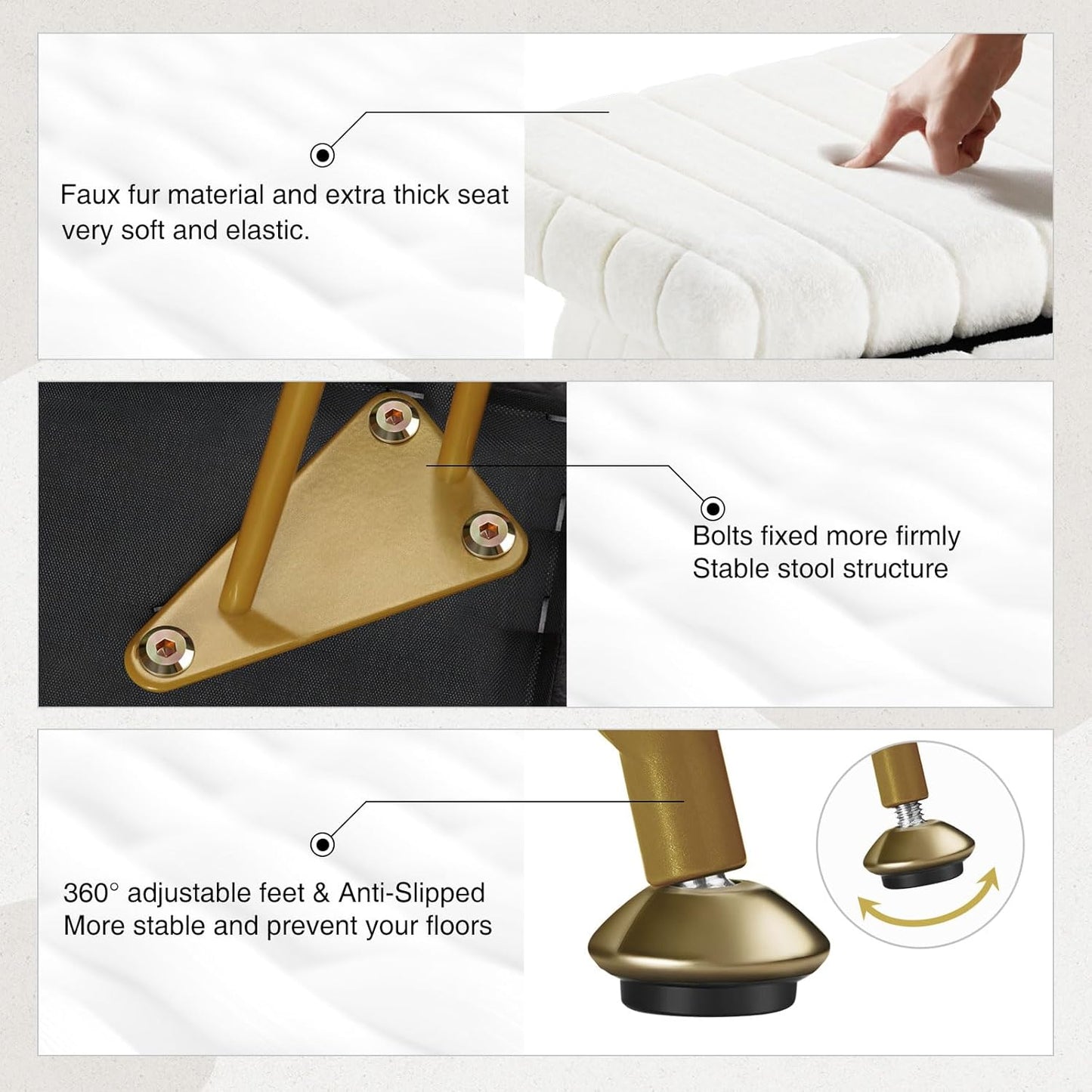 Vanity Stool Chair Faux Fur with Storage, 15.7"L x 11.8"W x 19.4"H Soft Ottoman 4 Metal Legs with Anti-Slip Feet, Furry Padded Seat, Modern Multifunctional Chairs for Makeup, Bedroom White