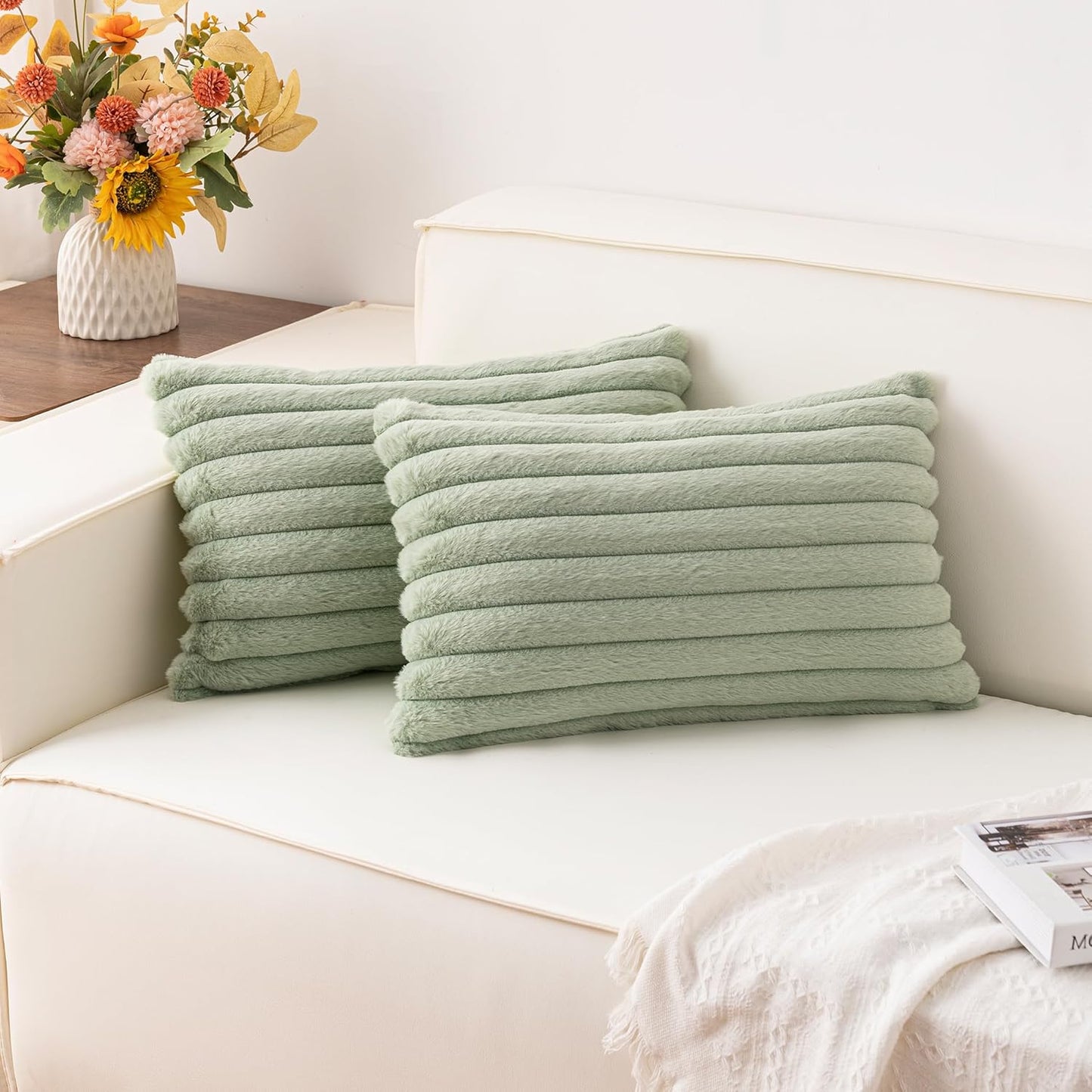 Pack of 2 Faux Fur Christmas Throw Pillow Covers 18x18 Inch, Soft Plush Striped Neutral Couch Pillow Cover, with Velvet Back Modern Home Decor for Sofa Living Room Couch Bed Cream White