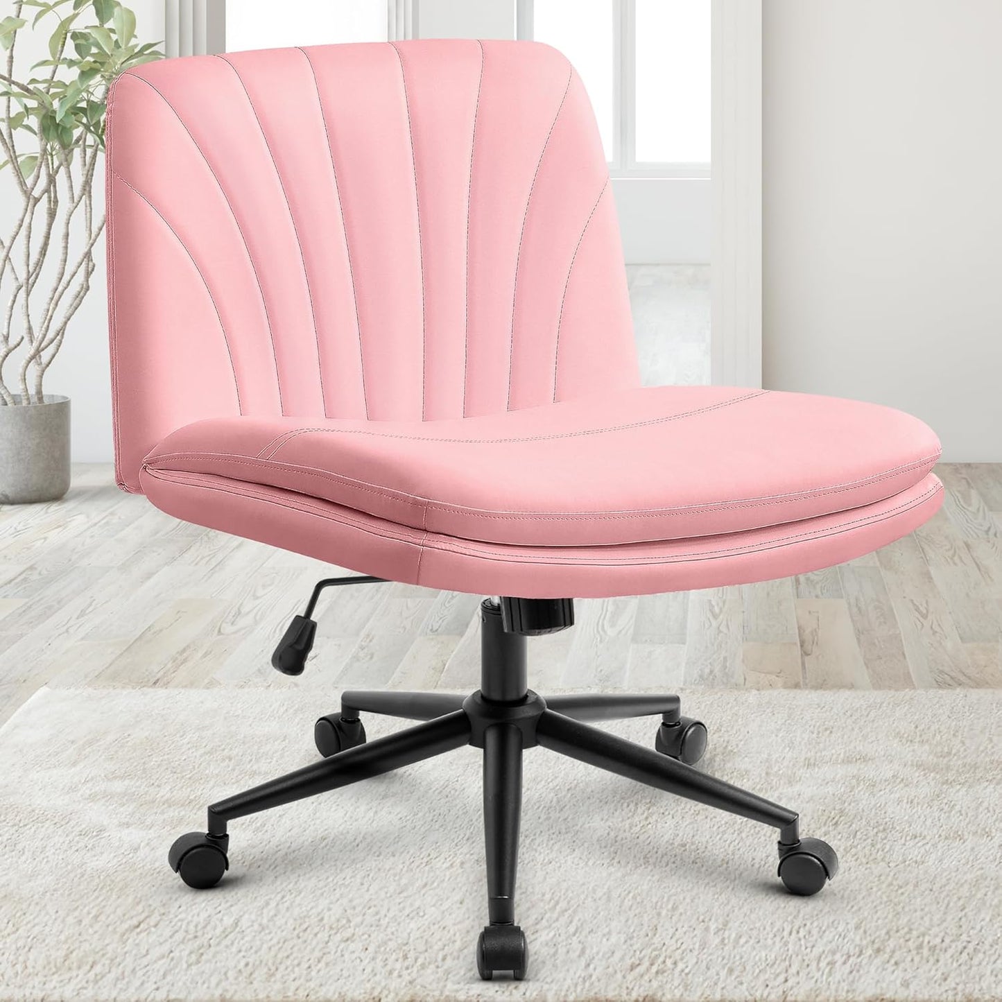 Chair Wheels Wide Cross Legged Office Desk Vanity Chair Comfy Fabric Armless Adjustable Swivel for Home Computer Task (Beige Wheel, Fabric)