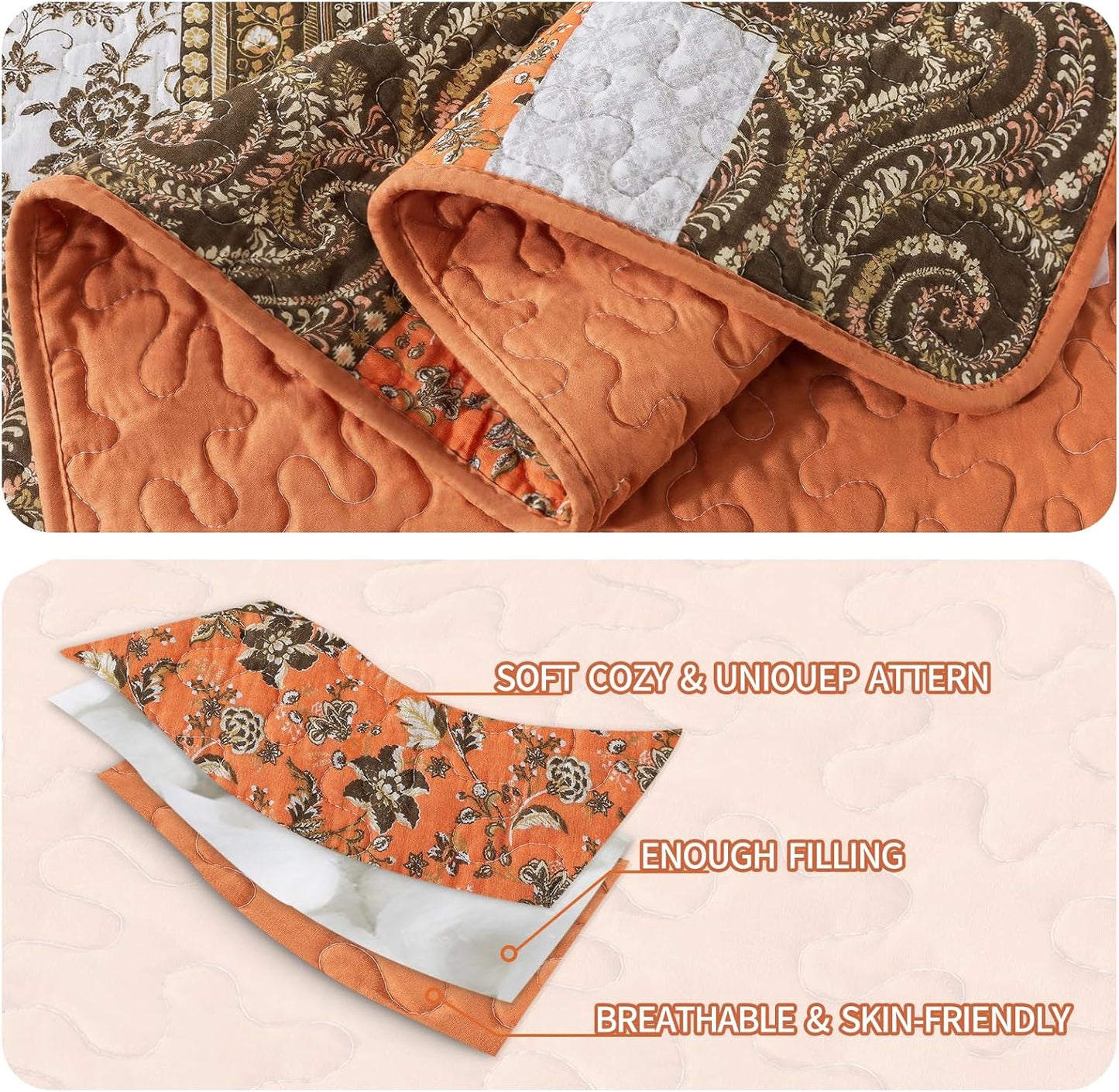 Farmhouse Cotton Quilts Queen Size for Fall - Lightweight Patchwork Autumn Bedspread Set for Bed Coverlet - Highly-Woven Soft Reversible Bed Spread for All Seasons (Floral Orange) 3 Pieces