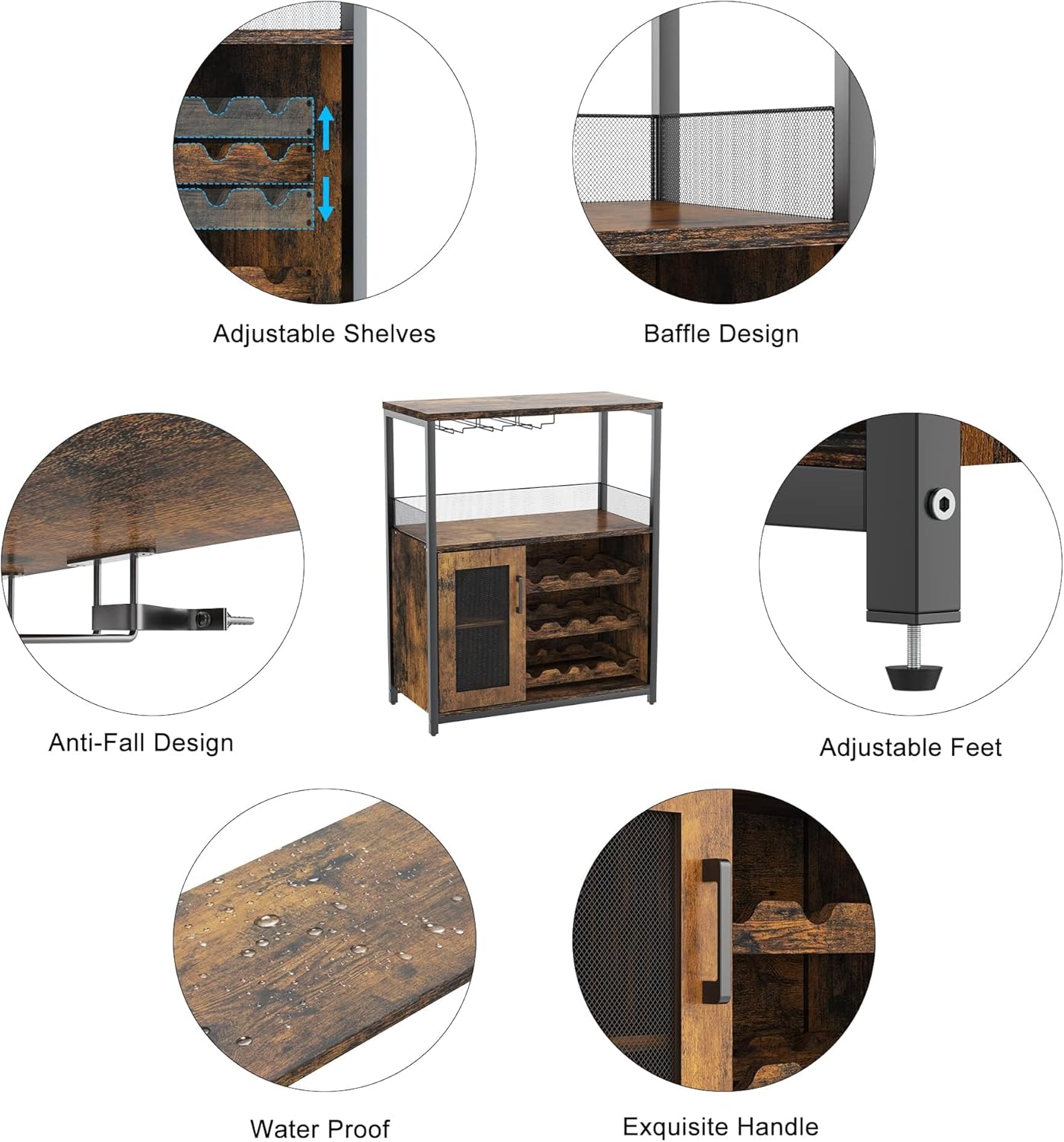 3-Tier Wine Bar Cabinet with Detachable Wine Rack and Storage Space, Buffet Cabinet with Glass Holder and Mesh Door, for Kitchen, Living Room and Bar .Rustic Brown.