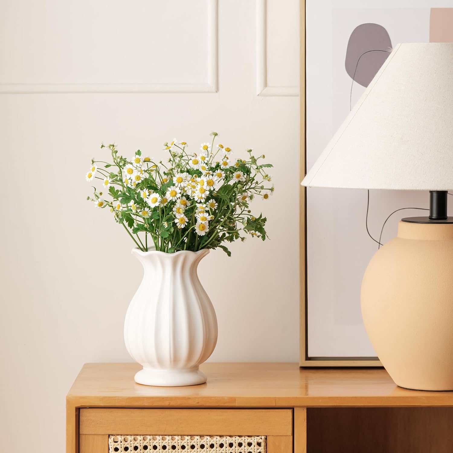 White Ceramic Vase, 7.8 Inch Flower Vase Home Decor Modern Decorative Vases for Bouquet, Unique Vases for Farmhouse Living Room Cabinet Table Centerpieces Wedding Decorations