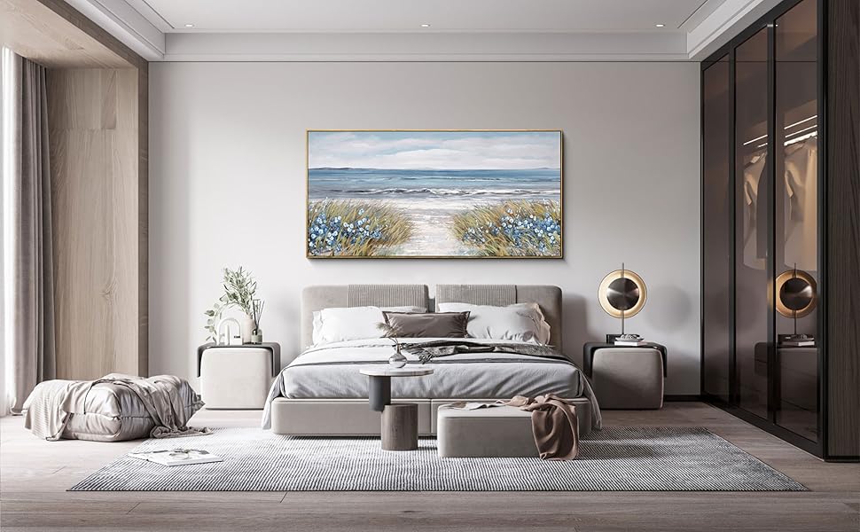 Framed Wall Art for Living Room Decor - Farmhouse Boho Beach Coastal Vintage Floral Ocean Wall Picture Flowers Sea Canvas Print Seascape Artwork for Home Living Room Bedroom Office 24x48