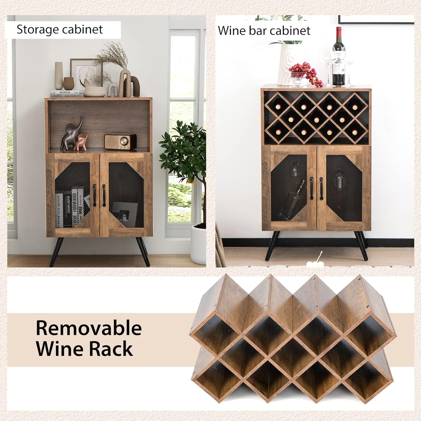Giantex Farmhouse Wine Bar Cabinet, 11 Bottles Rack, Buffet Cabinet with Storage, Industrial Kitchen Sideboard, Anti-Tipping Design, 2 Doors, Glass Holder, for Living Room (Brown & Black)