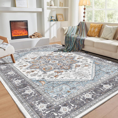 Soft Area Rugs 5x7, 5x7 Washable Rug with Non Slip Backing, 5 x 7 Faux Cashmere Low-Pile Carpet, Navy Blue & Gold