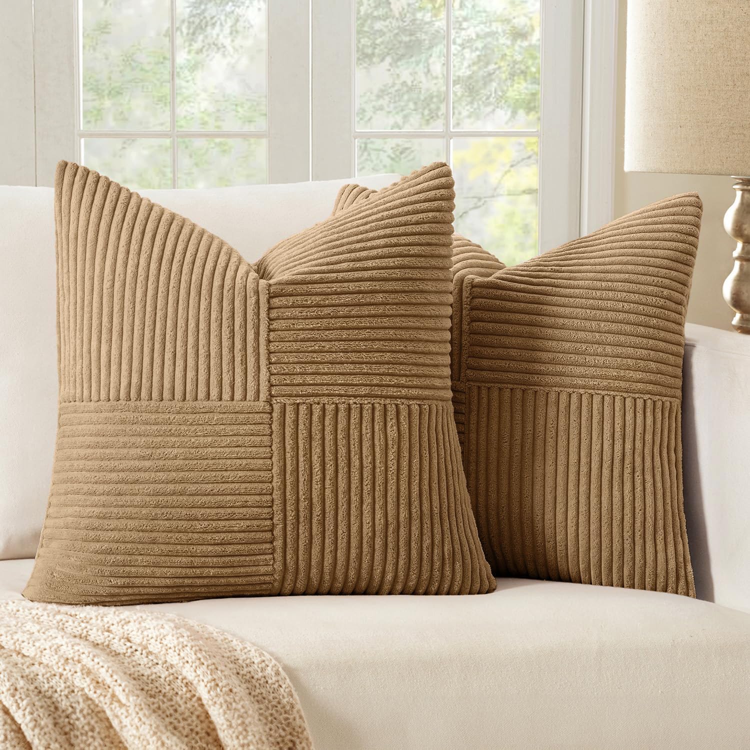 Black Decorative Throw Pillow Covers 18x18 Inch for Couch Bed Sofa Pack of 2 Boho Farmhouse Throw Pillows Soft Cross Corduroy Patchwork Textured Cushion Cases