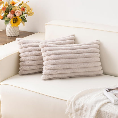 Pack of 2 Faux Fur Christmas Throw Pillow Covers 18x18 Inch, Soft Plush Striped Neutral Couch Pillow Cover, with Velvet Back Modern Home Decor for Sofa Living Room Couch Bed Cream White