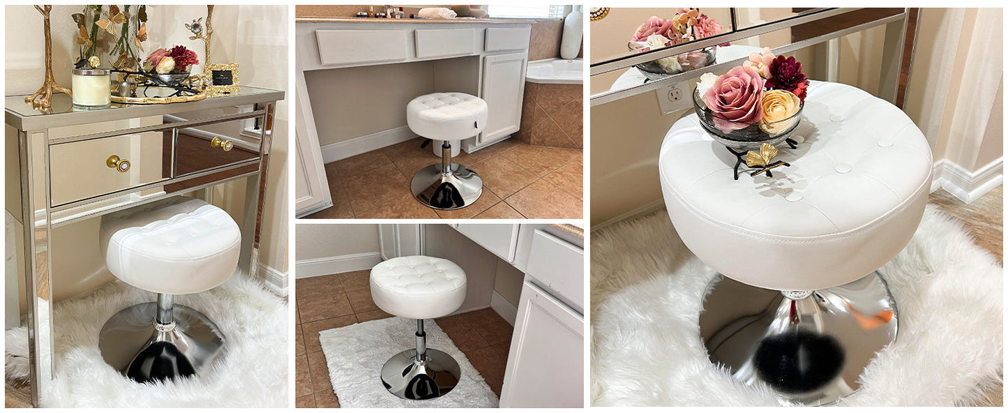 Mid-Century Tufted Adjustable Swivel Makeup Ottoman Stool; Modern Big Size Round Vanity Stool Chair for Bedroom Living Room (White)