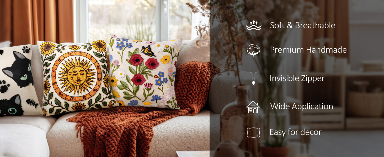 Embroidered Throw Pillow Cover 18x18 Inch - Spring Summer Boho Decorative Pillow Cover with Zipper for Living Room Couch Sofa Bed Aesthetic Design Flower Cluster Cushion Pillowcase