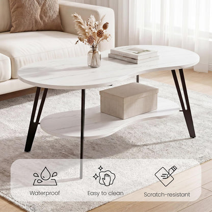 MWOOD Oval Coffee Table, 39.37" Center Table with Storage Shelf and Metal Leg, Waterproof & Scratch-Resistant Dining Table for Living Roome, Bedroom Marble-Patterned