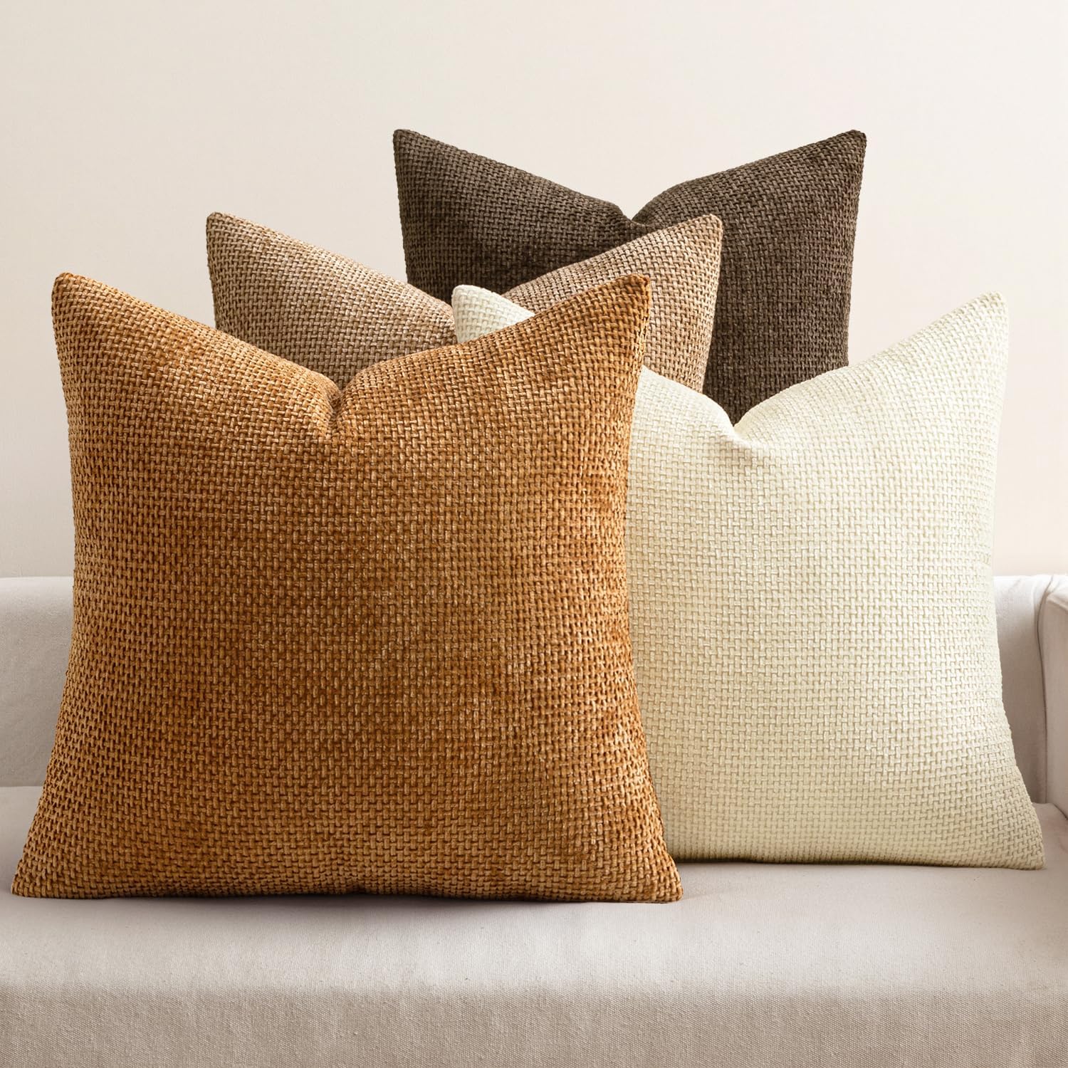 Pack of 4 Couch Throw Pillow Covers 18x18 Inch Neutral Blue Soft Decorative Chenille Pillow Covers Farmhouse Accent Cushion Covers for Boho Western Spring Coastal Decor Sofa Bed Living Room